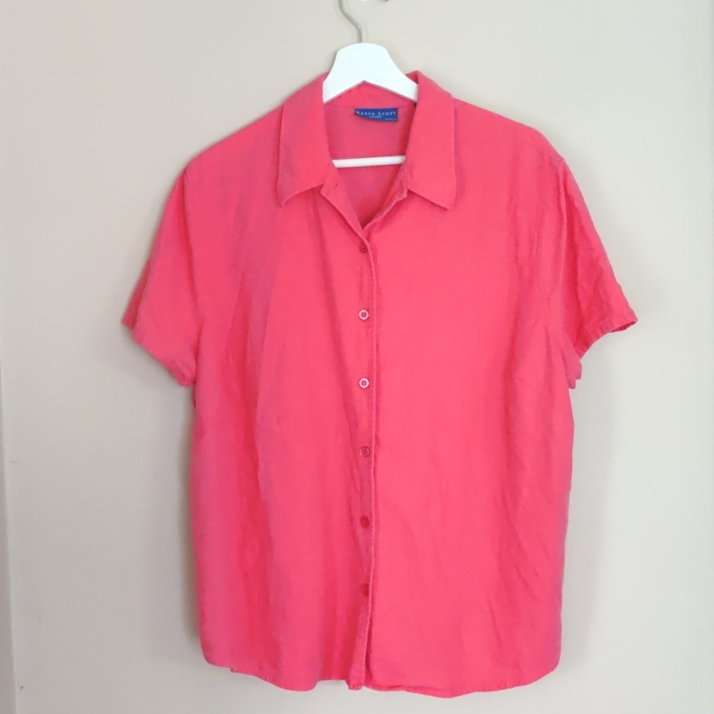 Karen Scott 1x salmon pink linen blouse